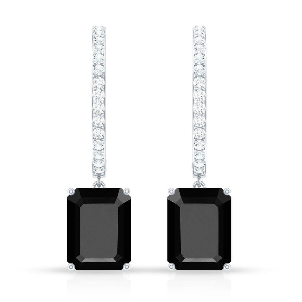 Natural 7X9mm Emerald Cut Black Onyx Hoop Drop Earrings with Diamond