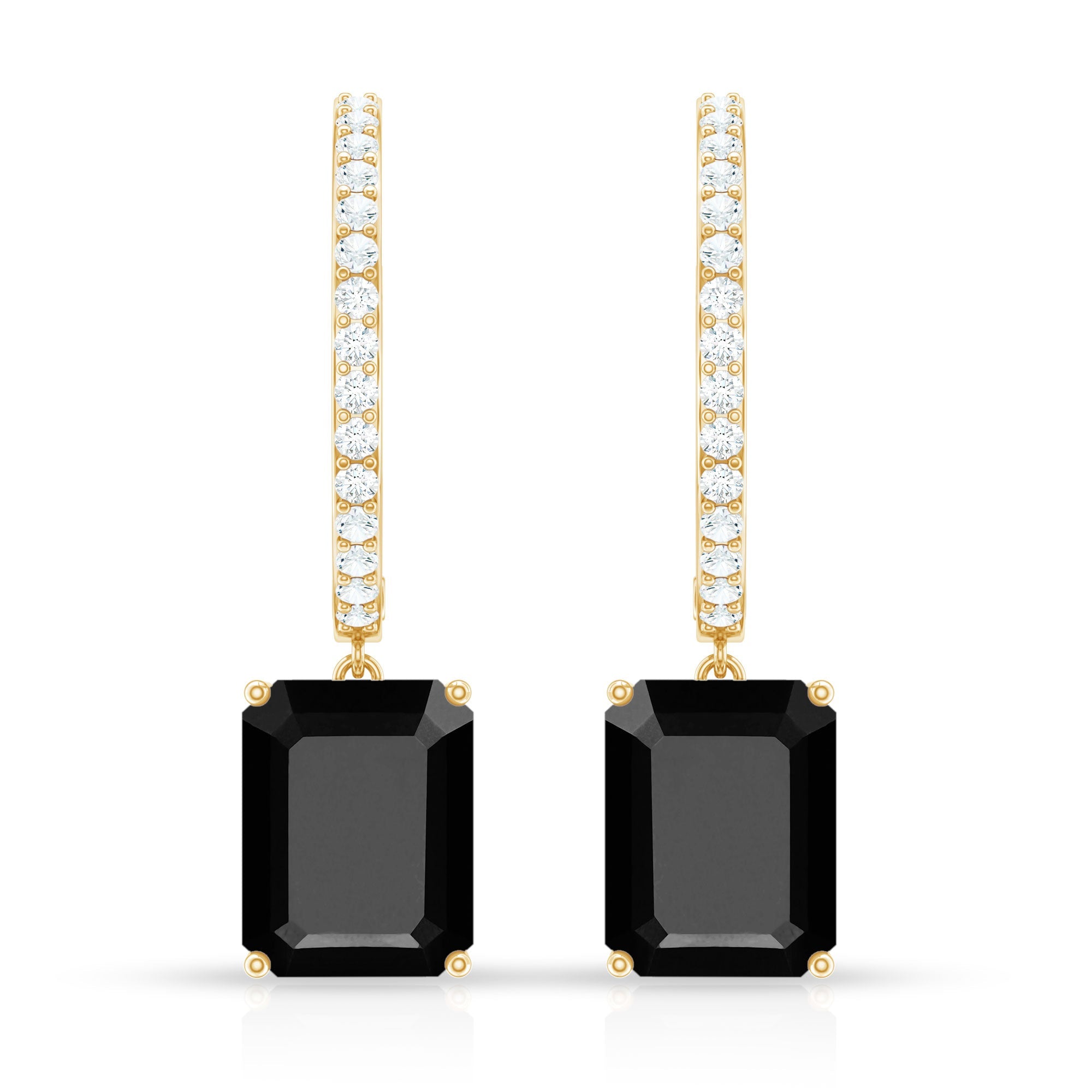 Natural 7X9mm Emerald Cut Black Onyx Hoop Drop Earrings with Diamond