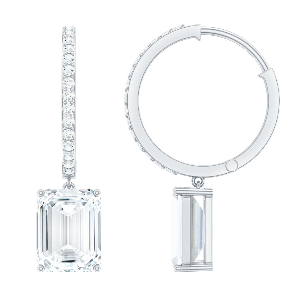 Certified 2.8 Carat Emerald Cut Moissanite Drop Hoop Earrings