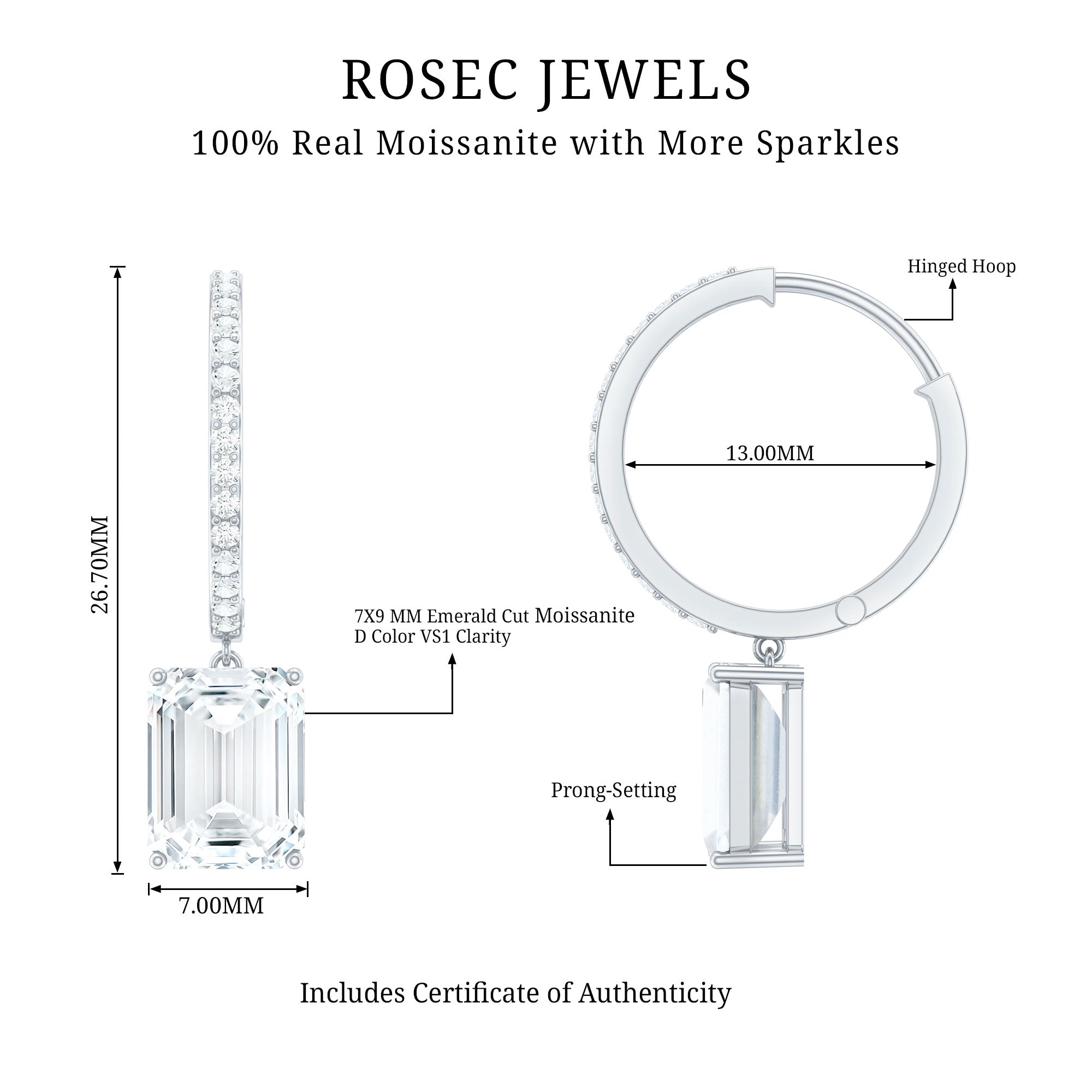 Certified 2.8 Carat Emerald Cut Moissanite Drop Hoop Earrings