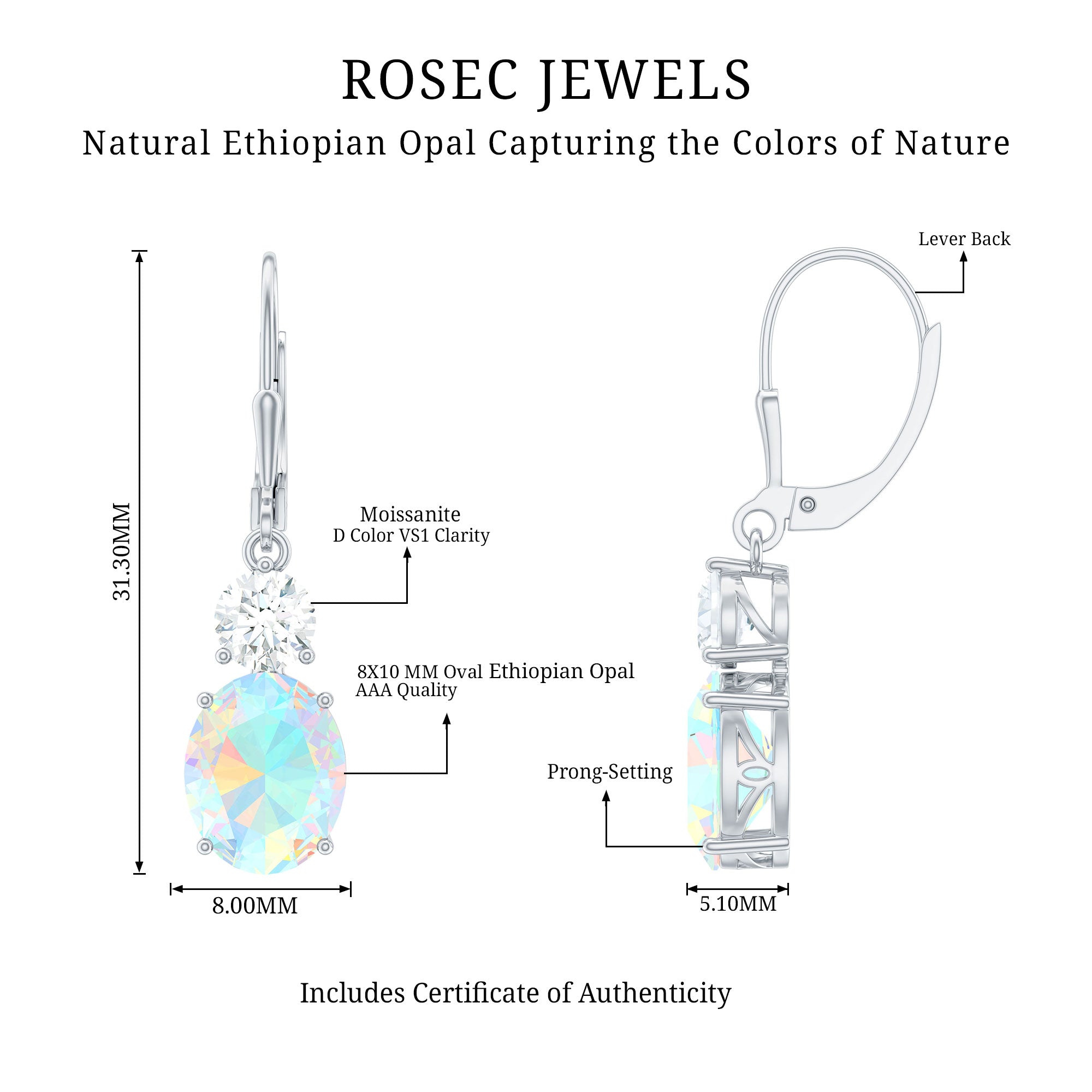 Certified Real 8X10mm Oval Ethiopian Opal Drop Earrings with Moissanite