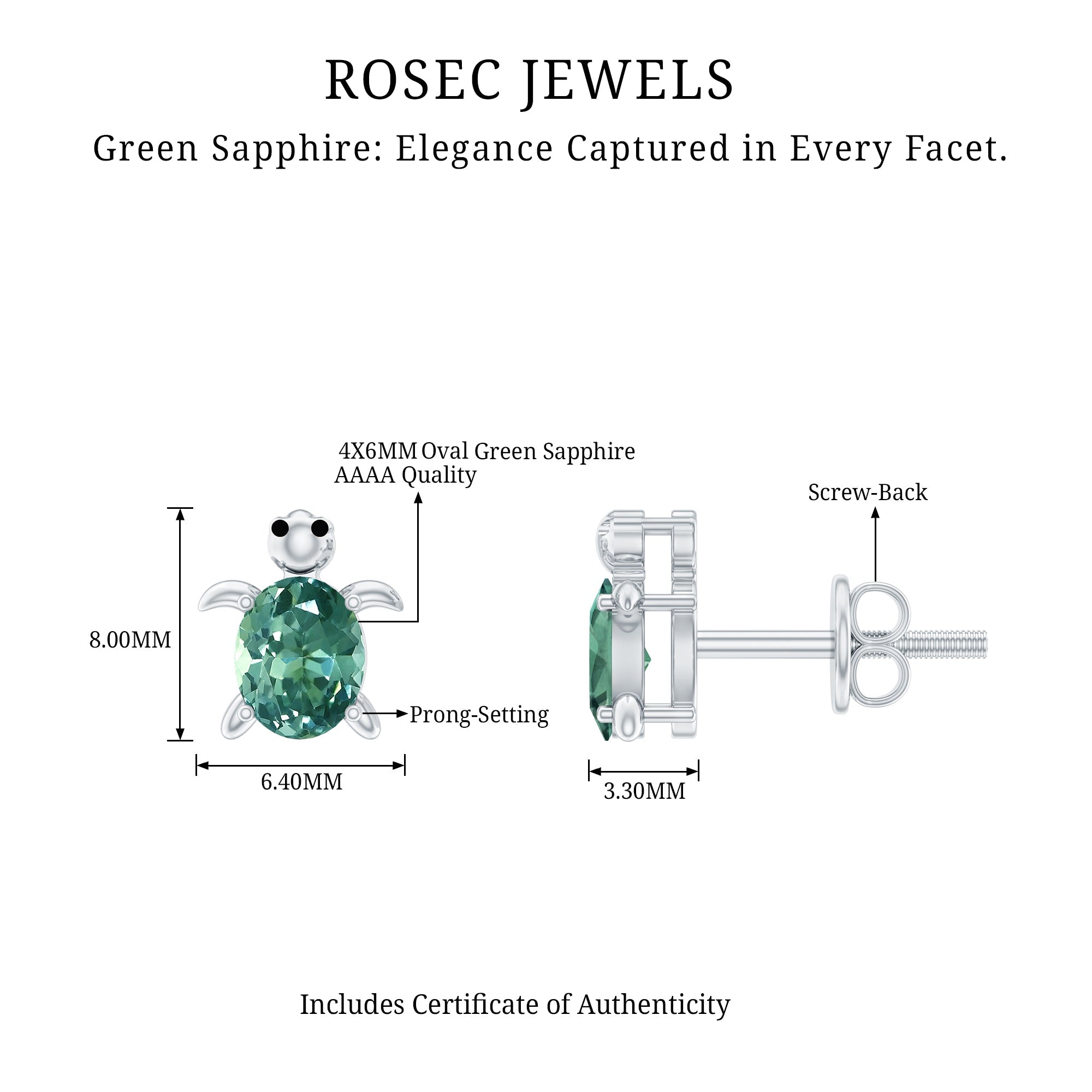 Lab Grown Green Sapphire Turtle Stud Earrings