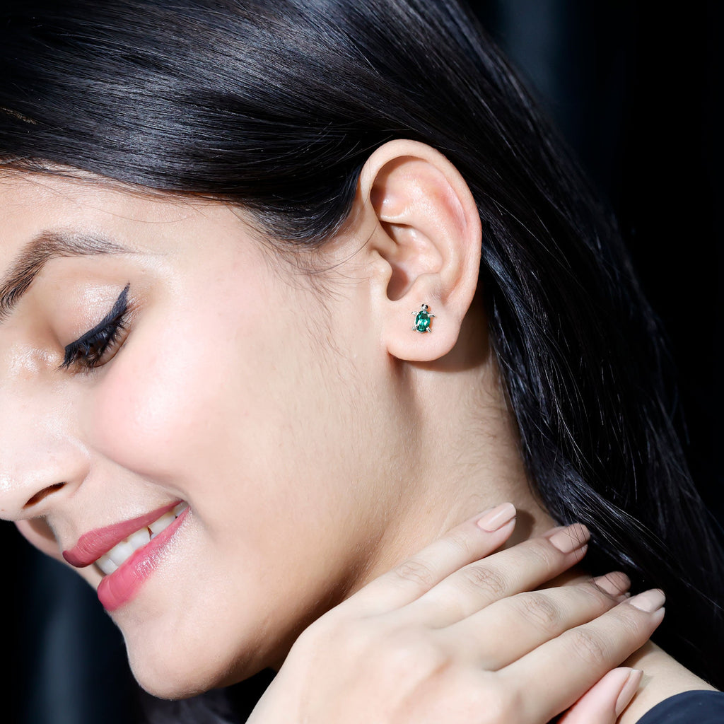 Lab Grown Green Sapphire Turtle Stud Earrings