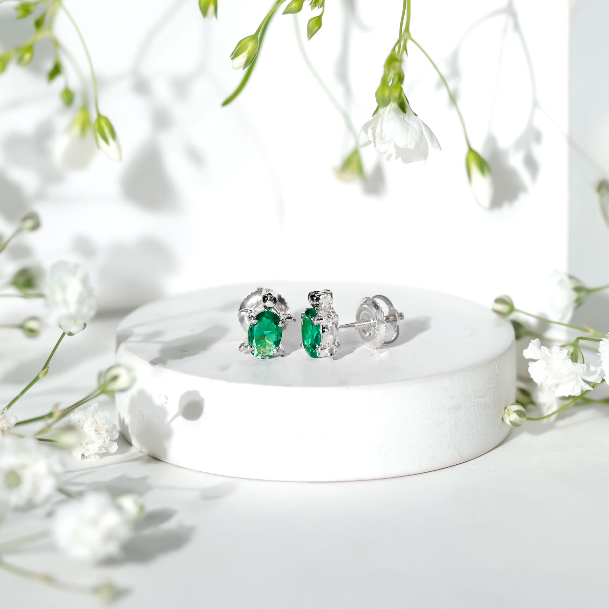 Lab Grown Green Sapphire Turtle Stud Earrings
