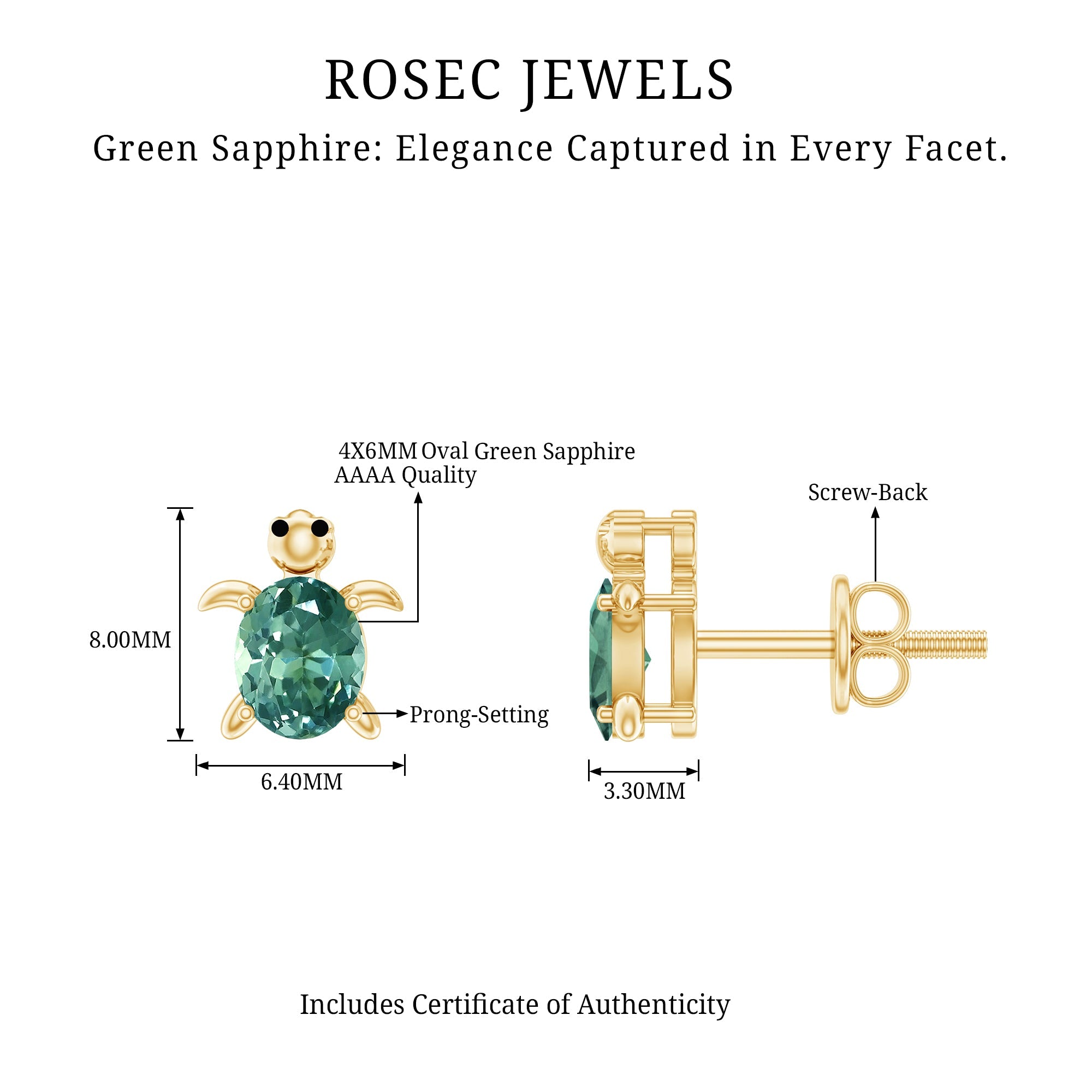 Lab Grown Green Sapphire Turtle Stud Earrings