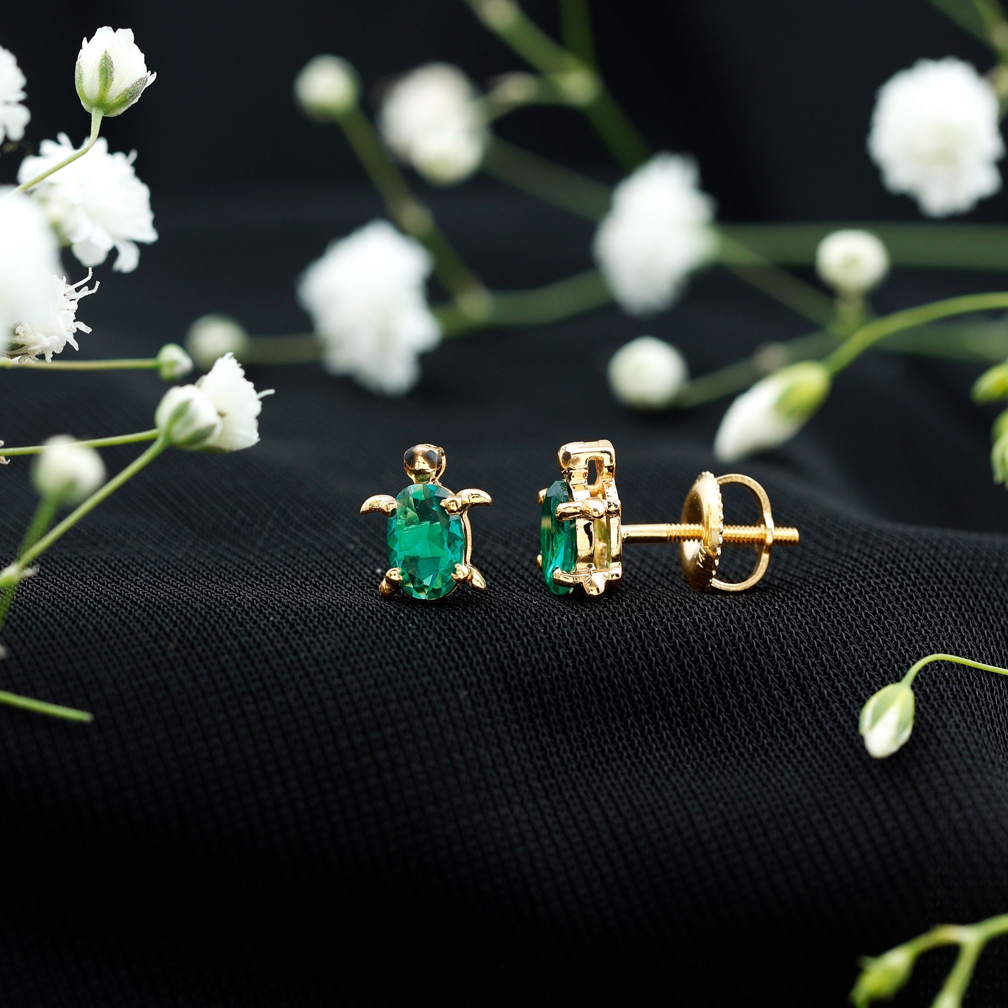 Lab Grown Green Sapphire Turtle Stud Earrings