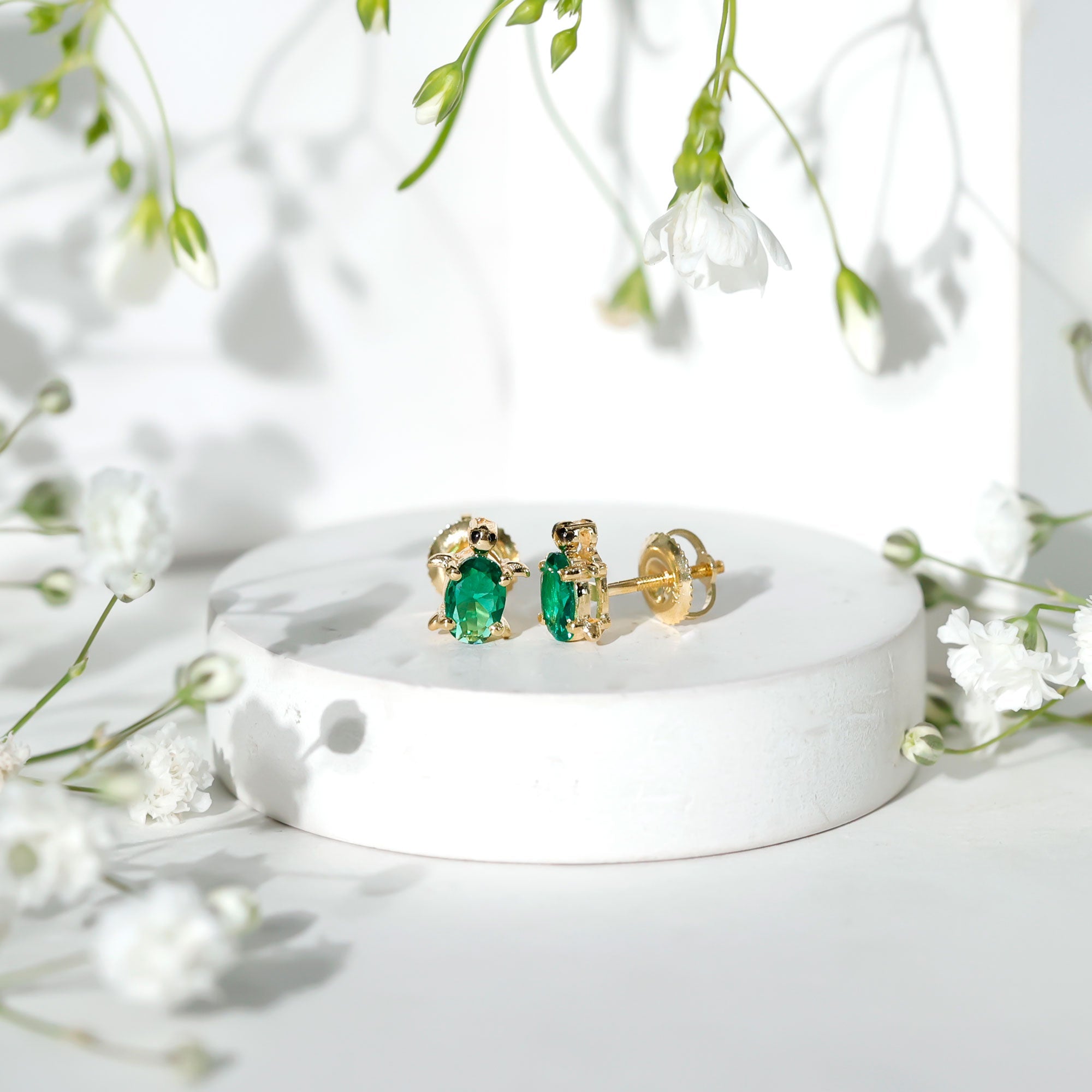 Lab Grown Green Sapphire Turtle Stud Earrings