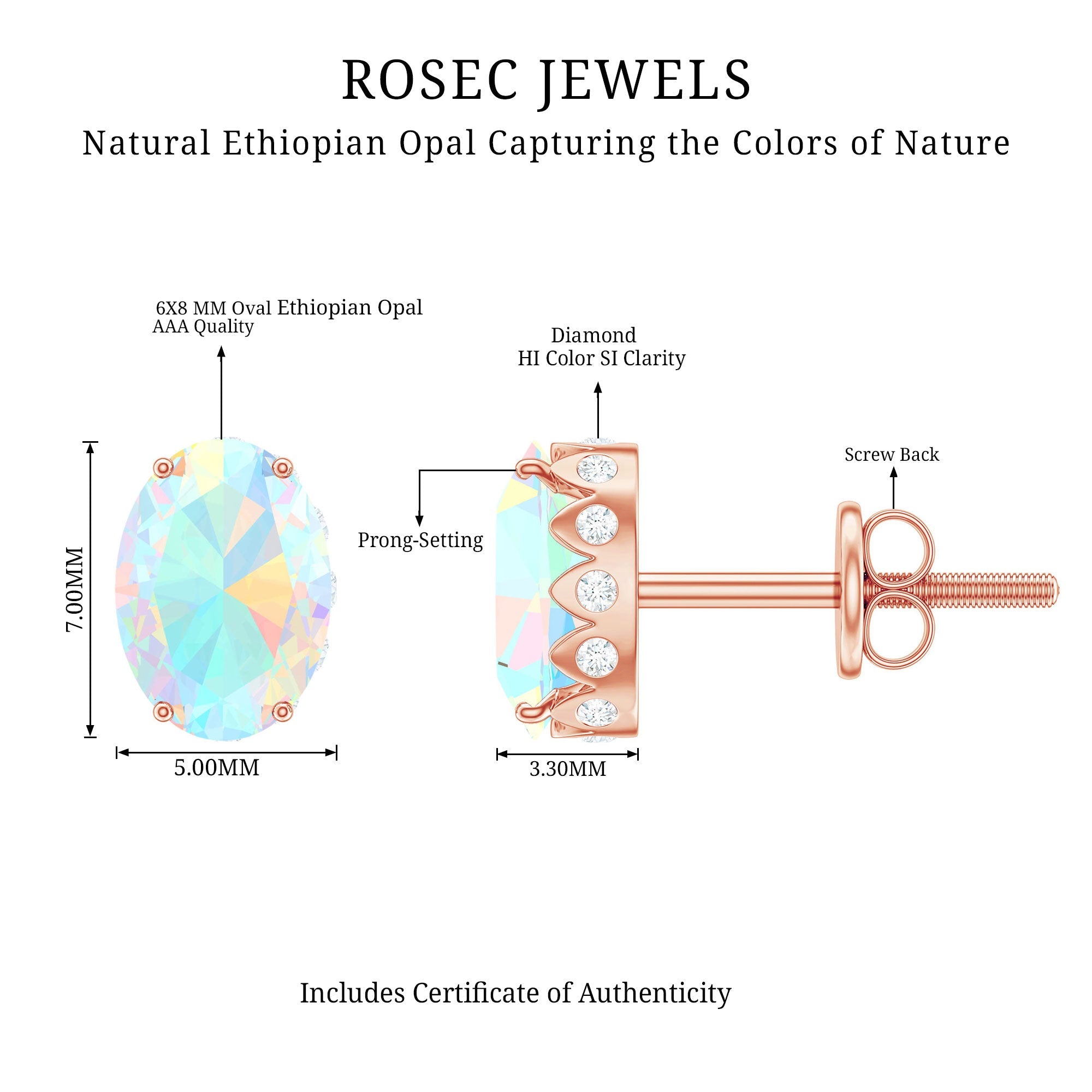 Natural 6X8mm Oval Ethiopian Opal Classic Stud Earrings with Diamond