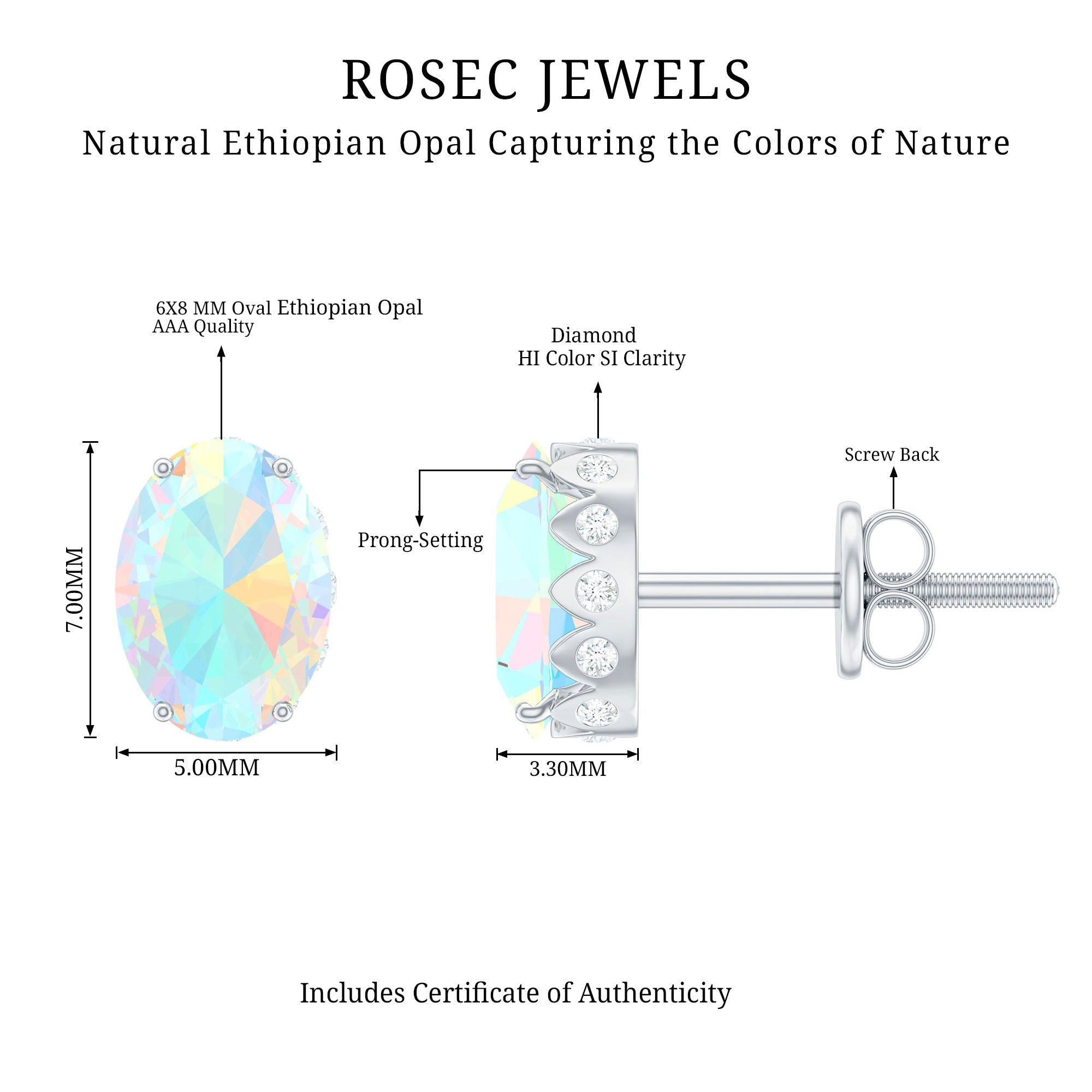 Natural 6X8mm Oval Ethiopian Opal Classic Stud Earrings with Diamond