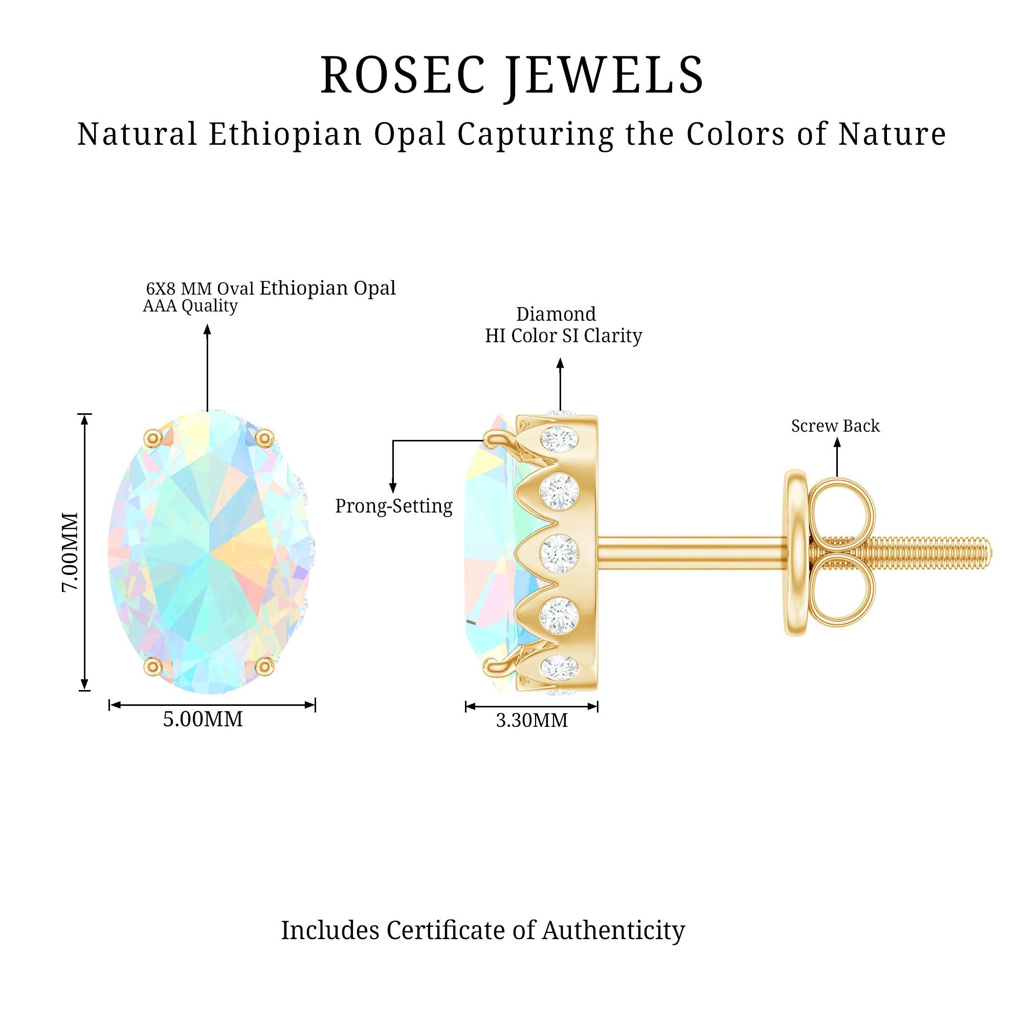 Natural 6X8mm Oval Ethiopian Opal Classic Stud Earrings with Diamond