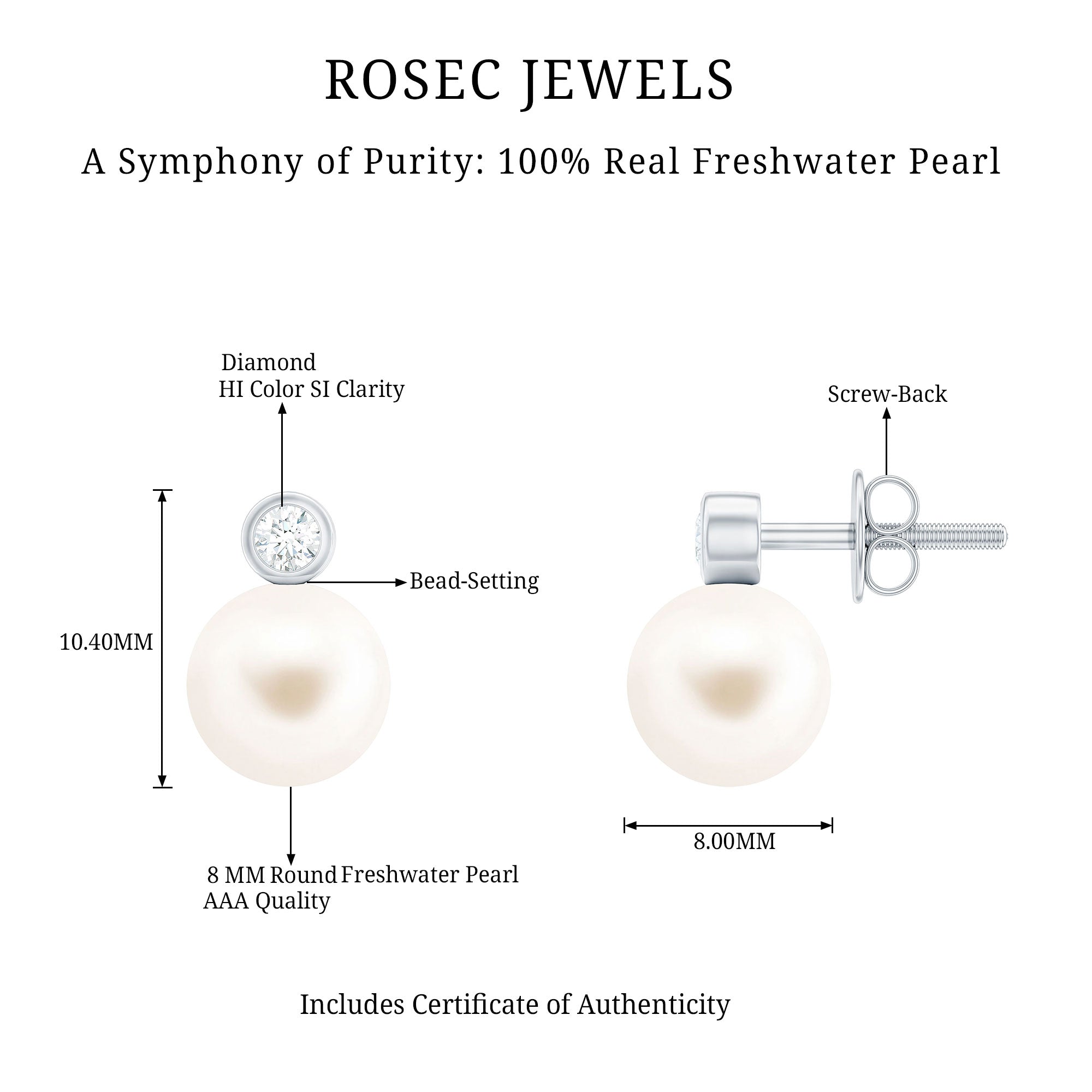 Genuine Freshwater Pearl Diamond Stud Earrings with Screw Back
