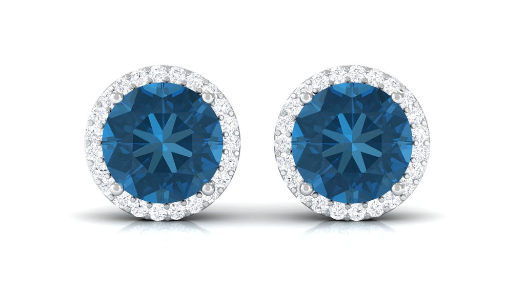 London Blue Topaz Stud Earrings with Diamond Halo
