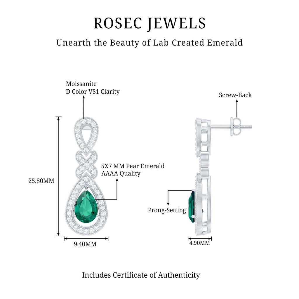 Lab Grown Emerald Wedding Dangle Earrings With Moissanite