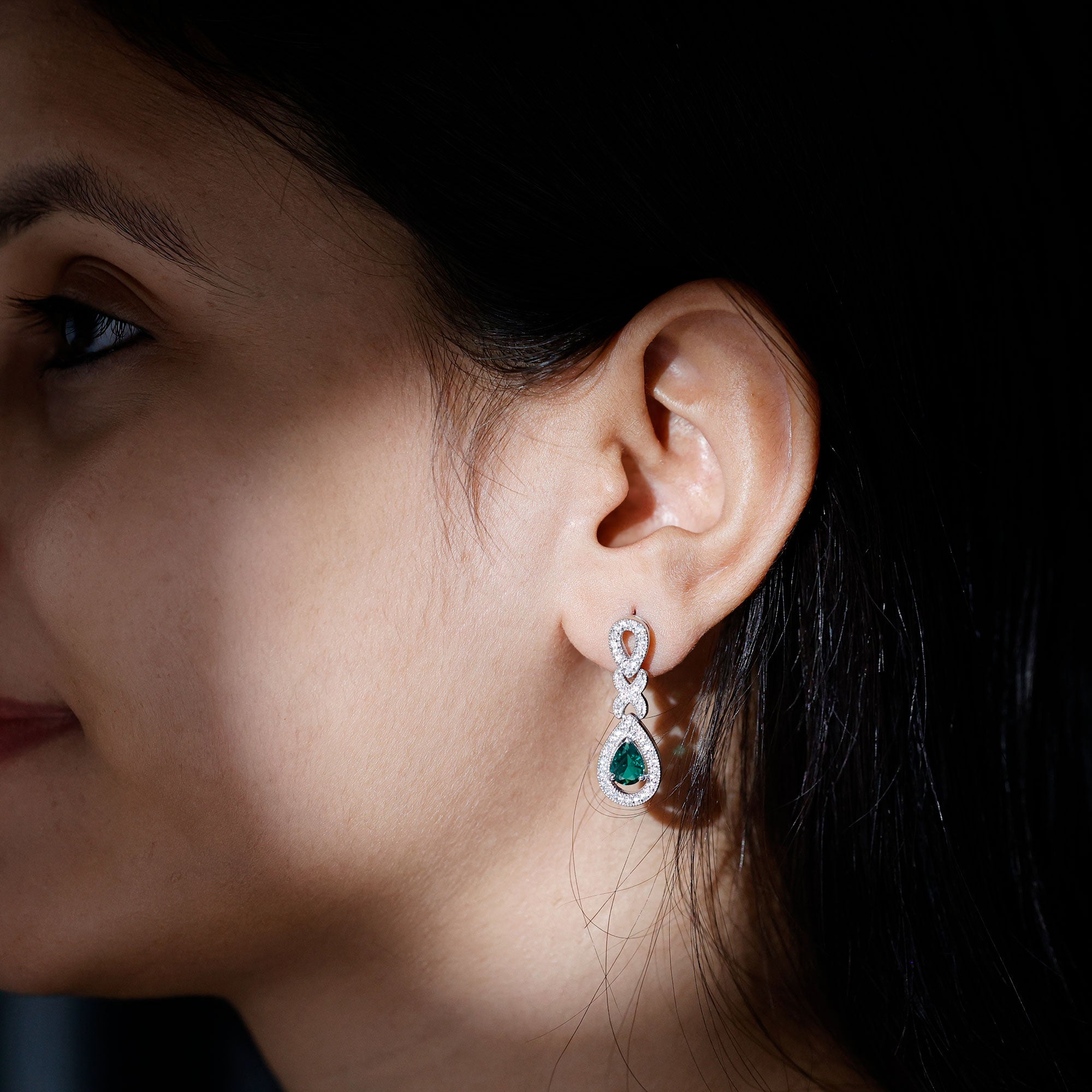 Lab Grown Emerald Wedding Dangle Earrings With Moissanite