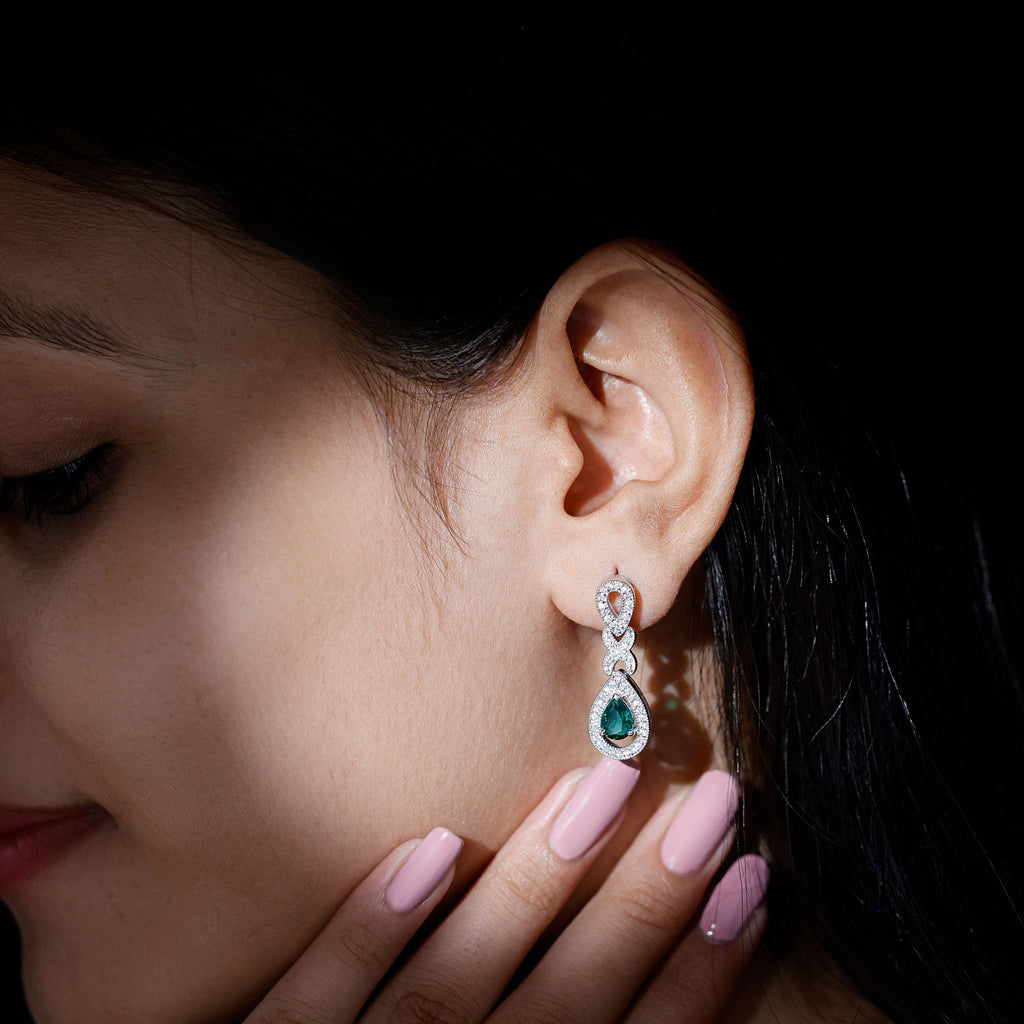 Lab Grown Emerald Wedding Dangle Earrings With Moissanite