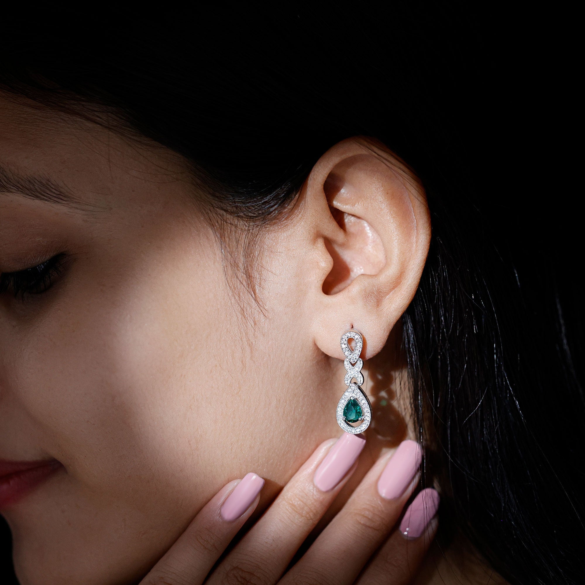 Lab Grown Emerald Wedding Dangle Earrings With Moissanite