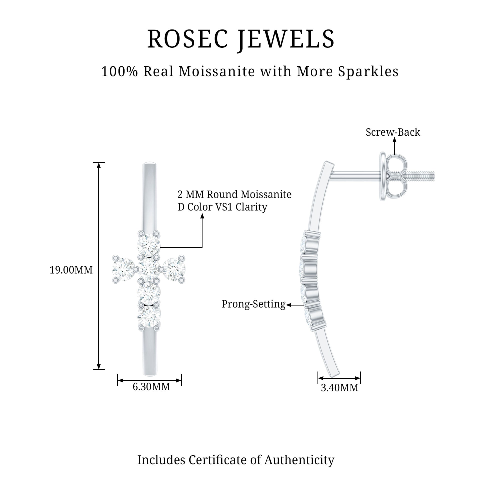 Certified Moissanite Cross Stud Earrings in 14K Gold Plated Silver