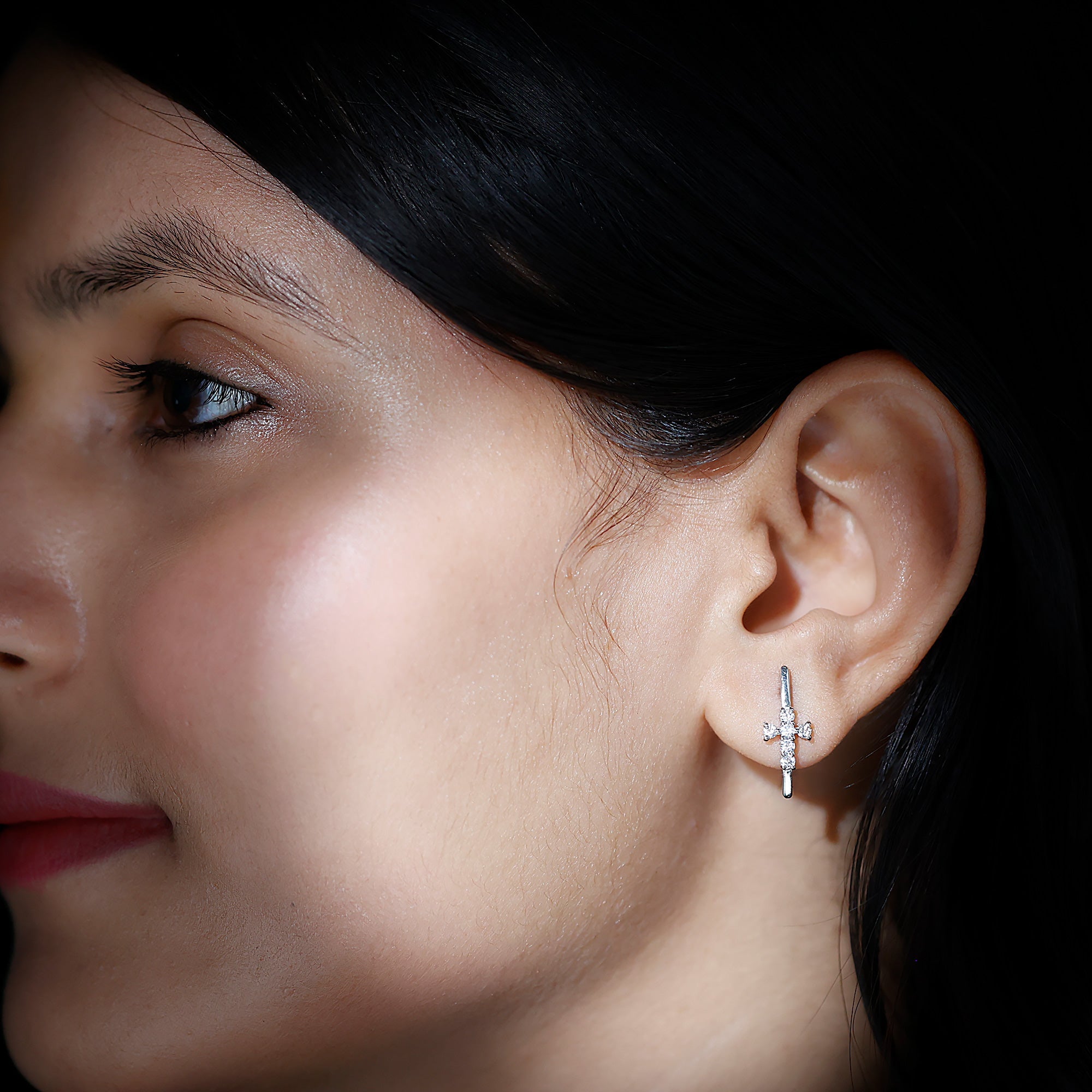 Certified Moissanite Cross Stud Earrings in 14K Gold Plated Silver