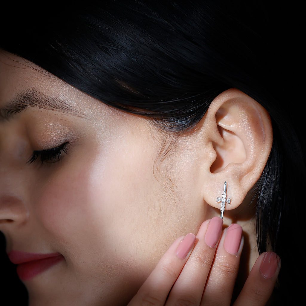 Certified Moissanite Cross Stud Earrings in 14K Gold Plated Silver