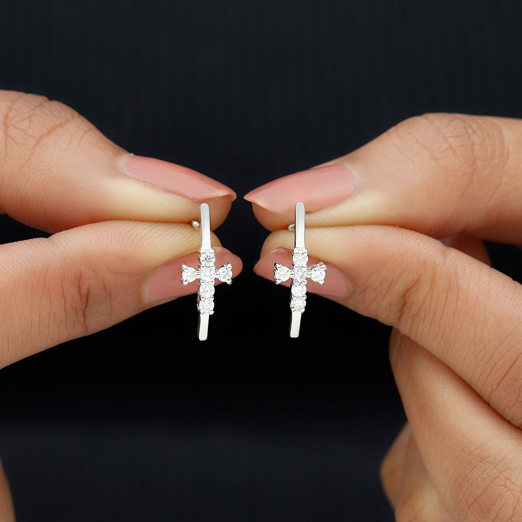 Certified Moissanite Cross Stud Earrings in 14K Gold Plated Silver