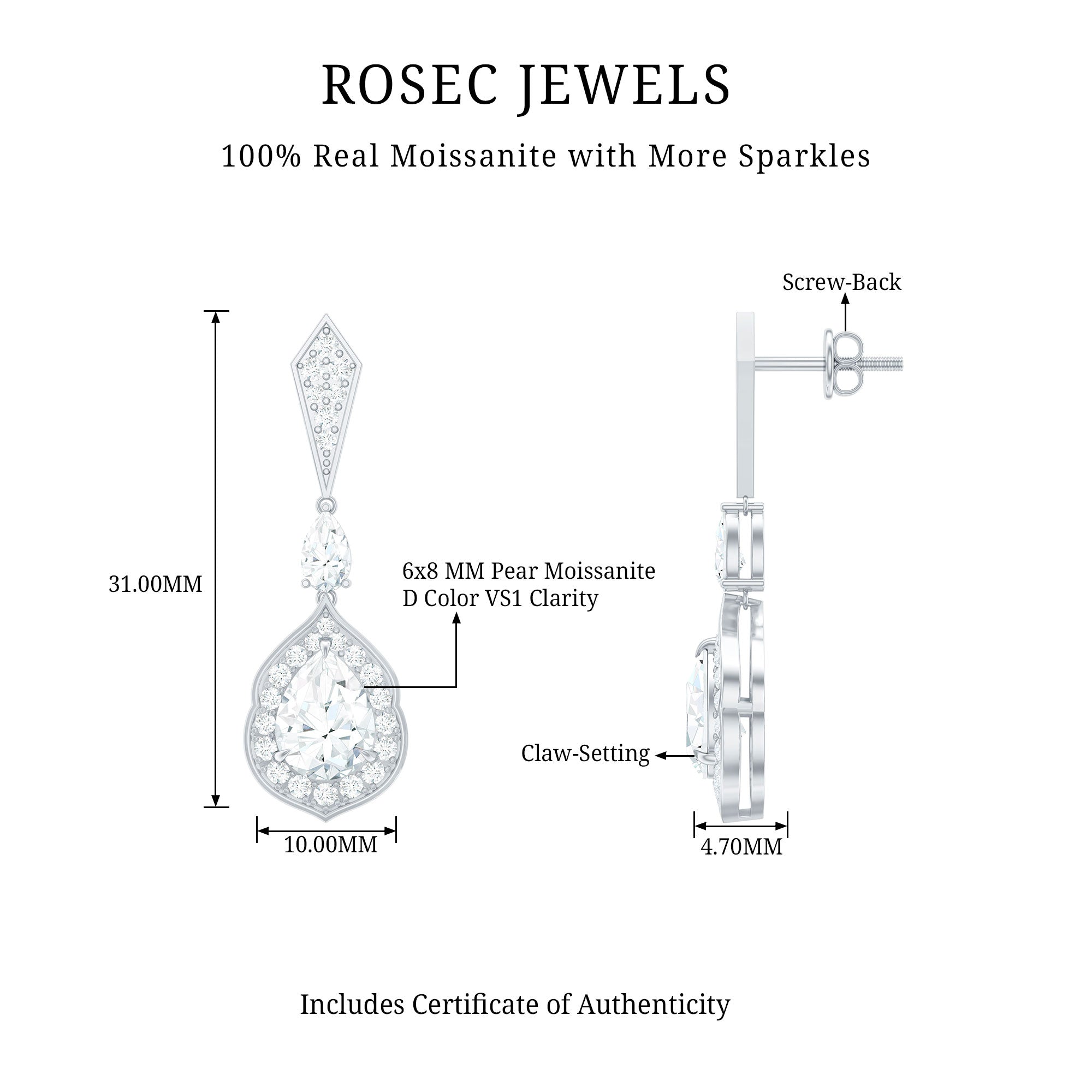 Moissanite Bridal Dangle Earrings in Silver