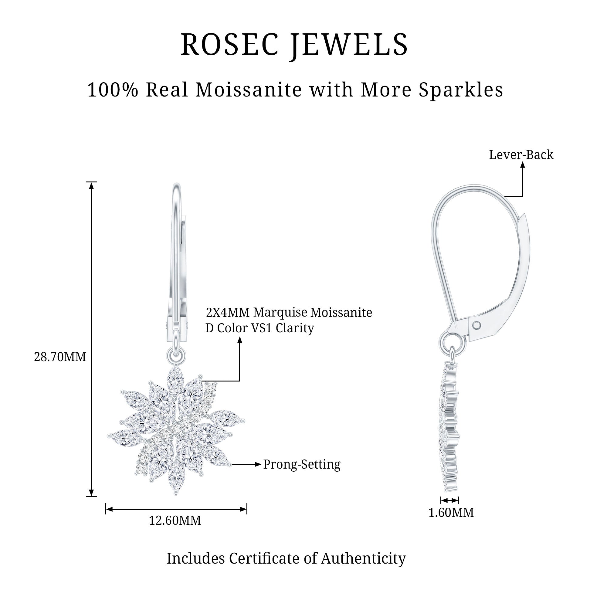 Sterling Silver Moissanite Drop Flower Earrings with Lever Back
