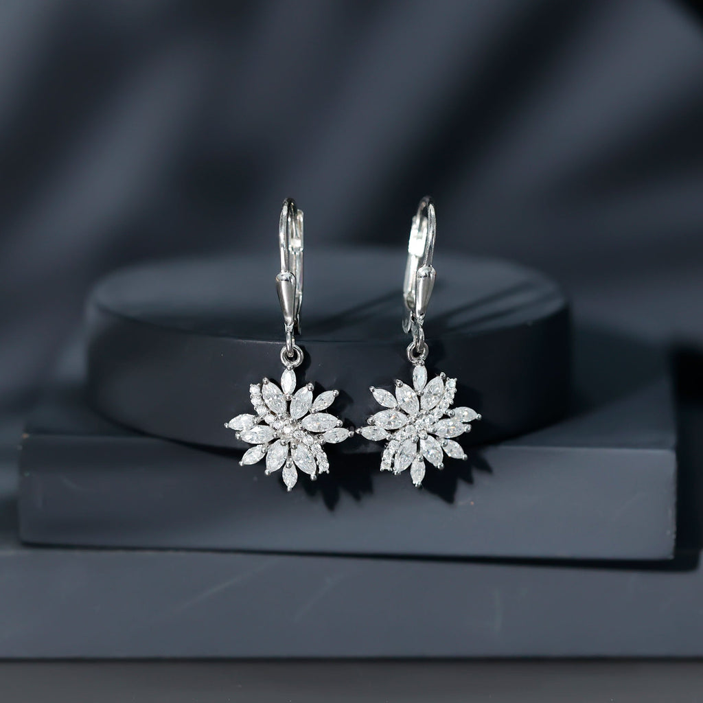 Sterling Silver Moissanite Drop Flower Earrings with Lever Back