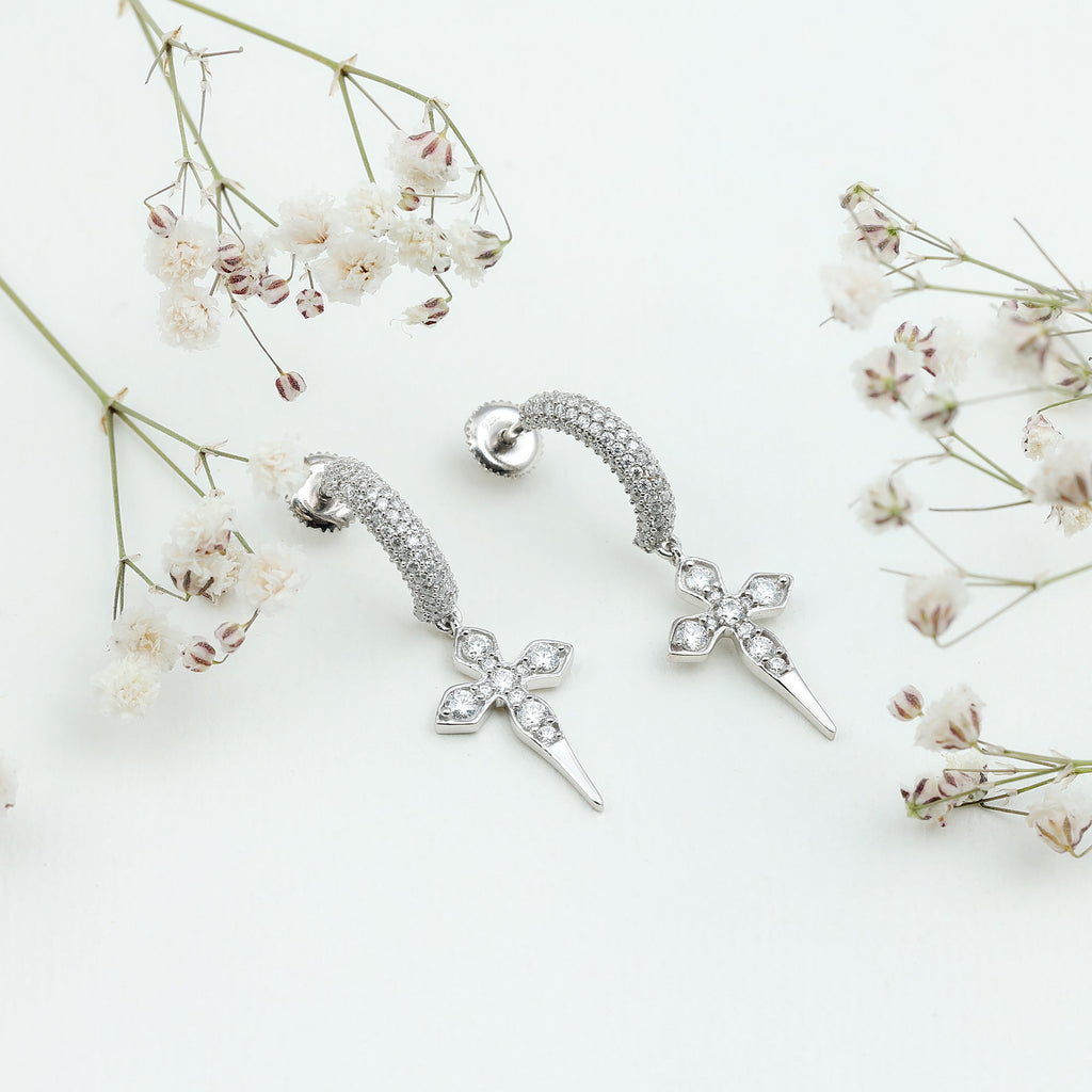 Vintage Inspired Moissanite Cross Dangle Earrings in Silver