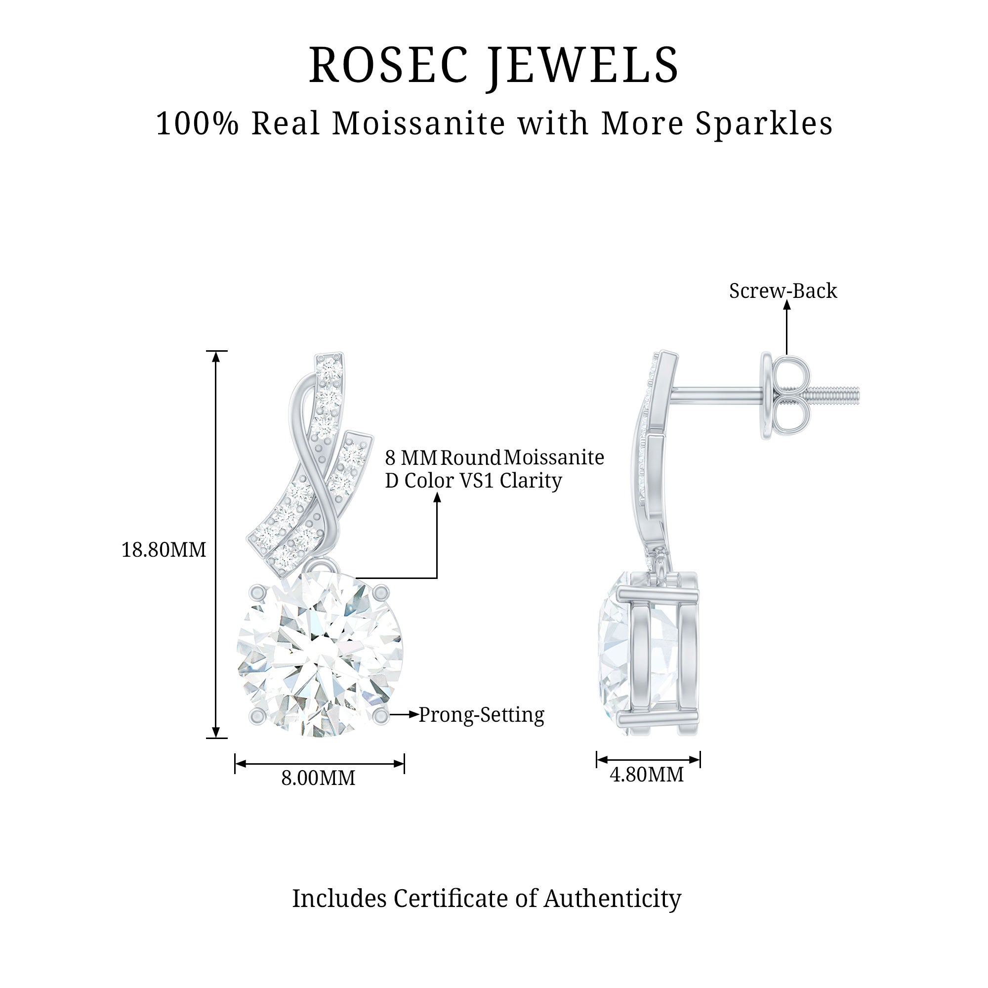Certified Moissanite Designer Drop Earrings with Screw Back