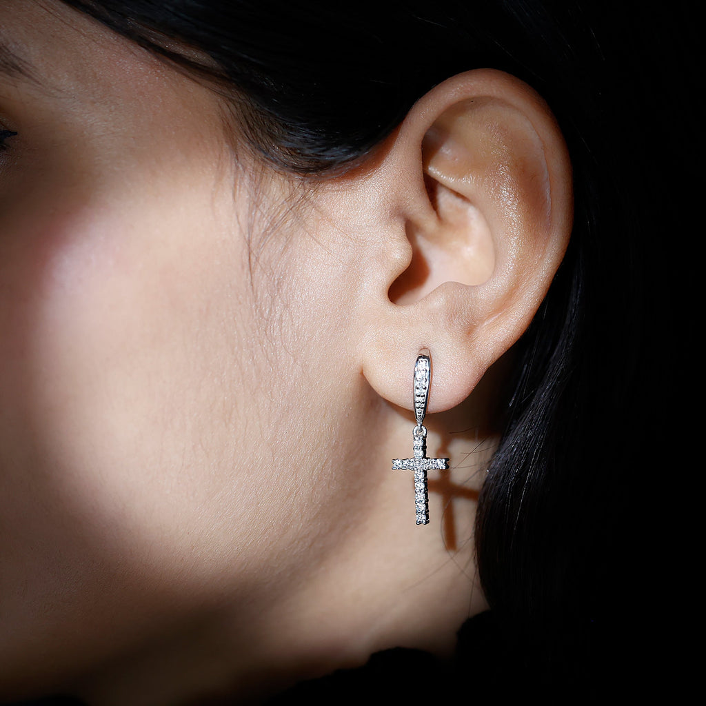 Certified Moissanite Cross Dangle Earrings in Sterling Silver