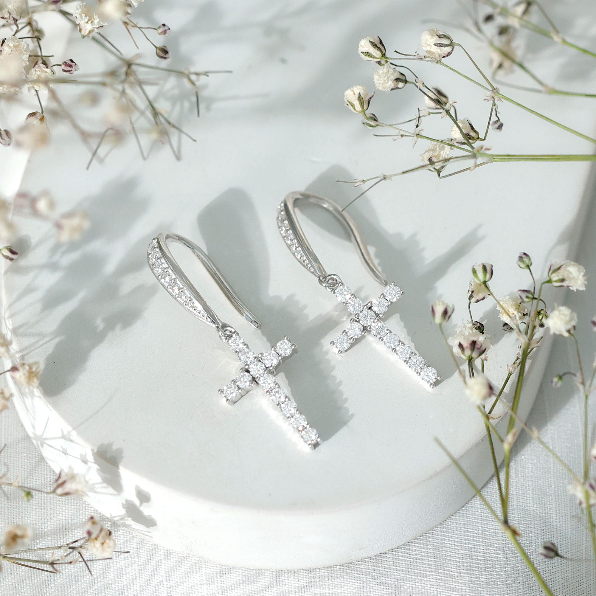 Certified Moissanite Cross Dangle Earrings in Sterling Silver