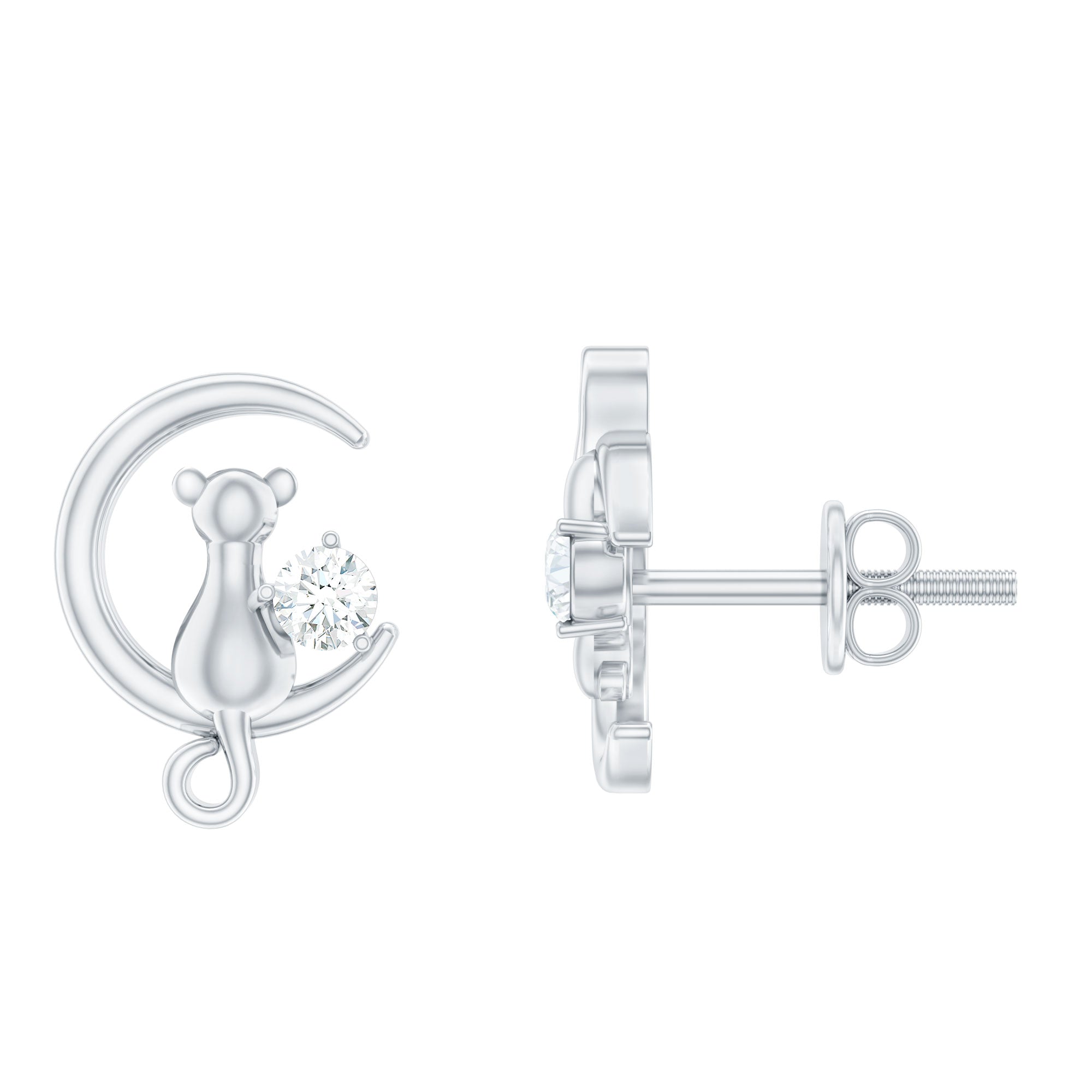 Diamond Cat Moon Stud Earrings for Women
