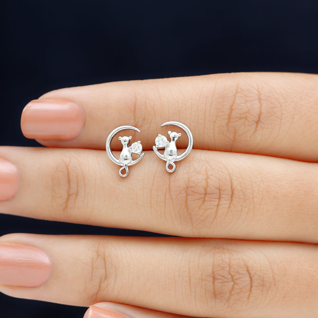 Diamond Cat Moon Stud Earrings for Women