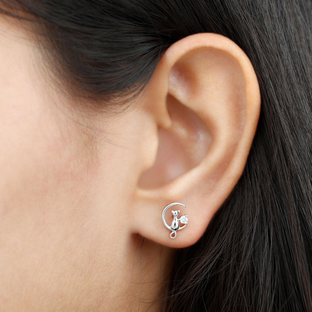 Diamond Cat Moon Stud Earrings for Women