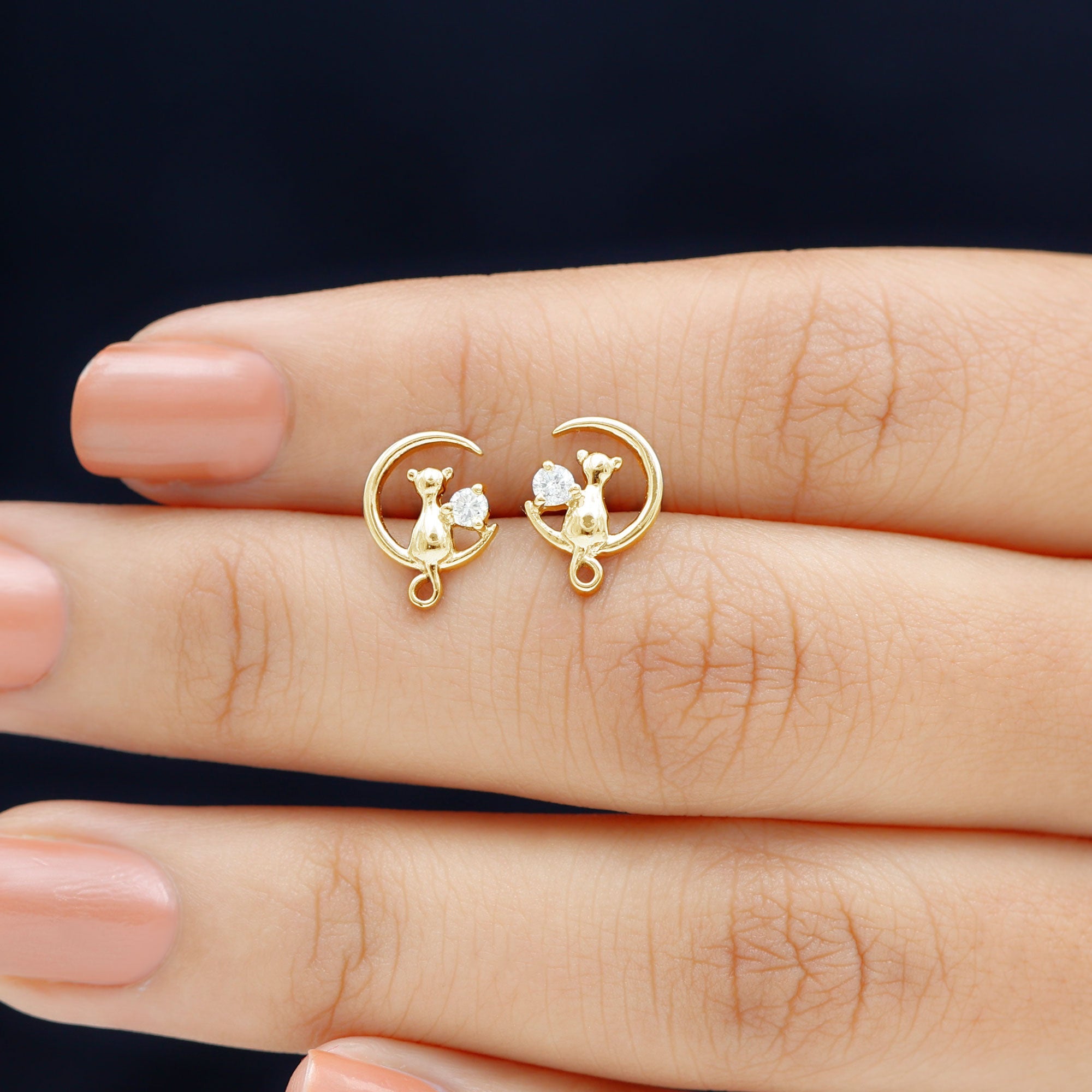 Diamond Cat Moon Stud Earrings for Women