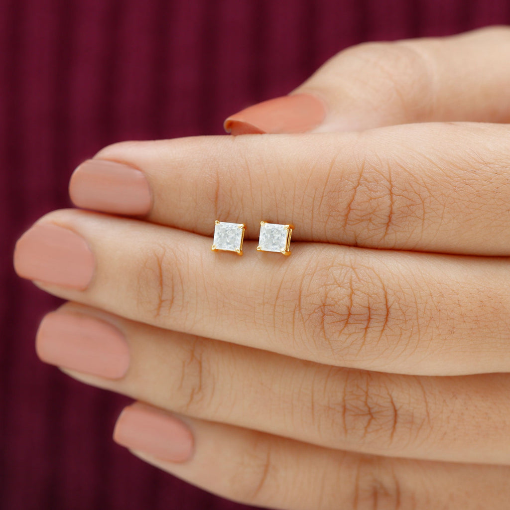Natural Princess Cut Diamond Stud Earrings with Certificate