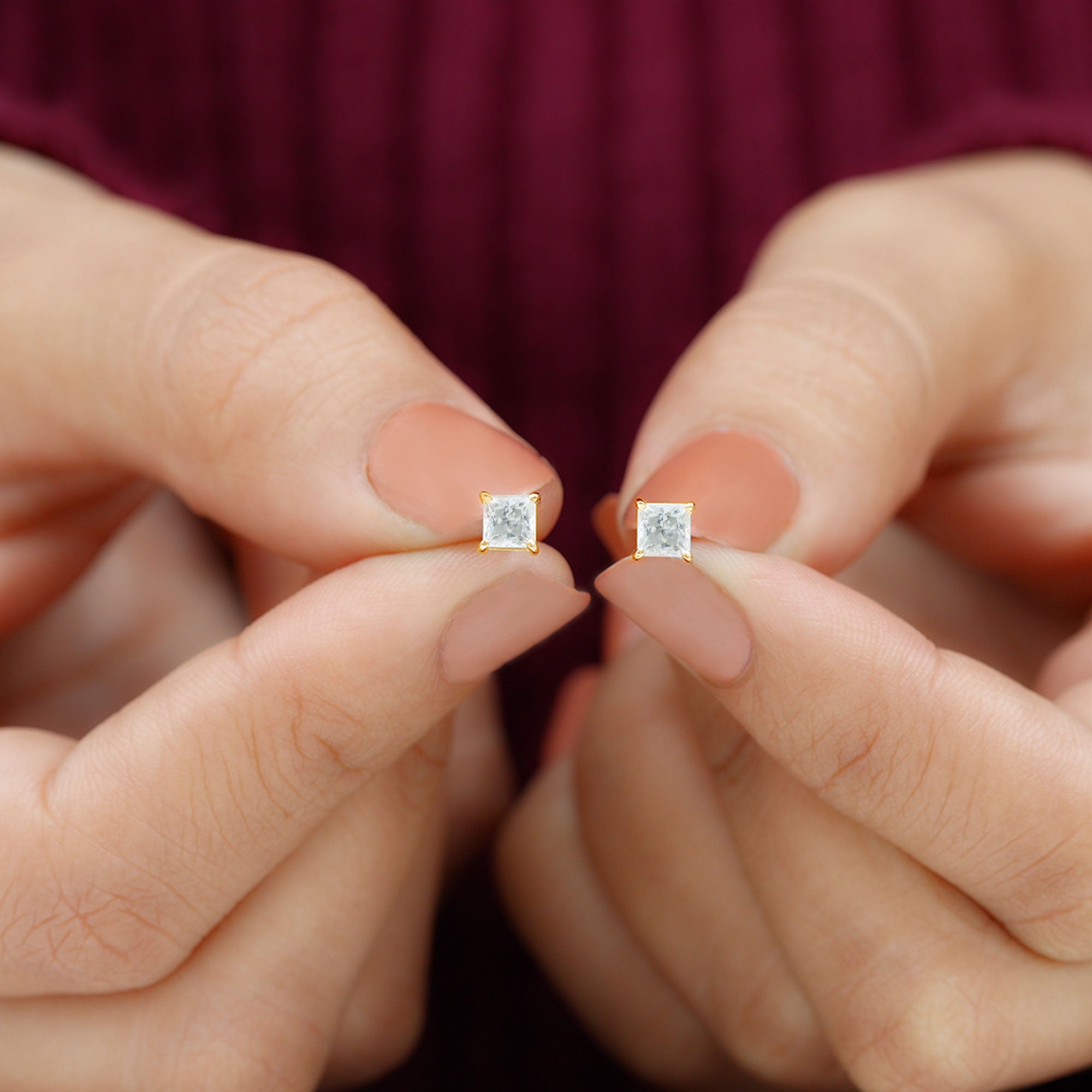 Natural Princess Cut Diamond Stud Earrings with Certificate