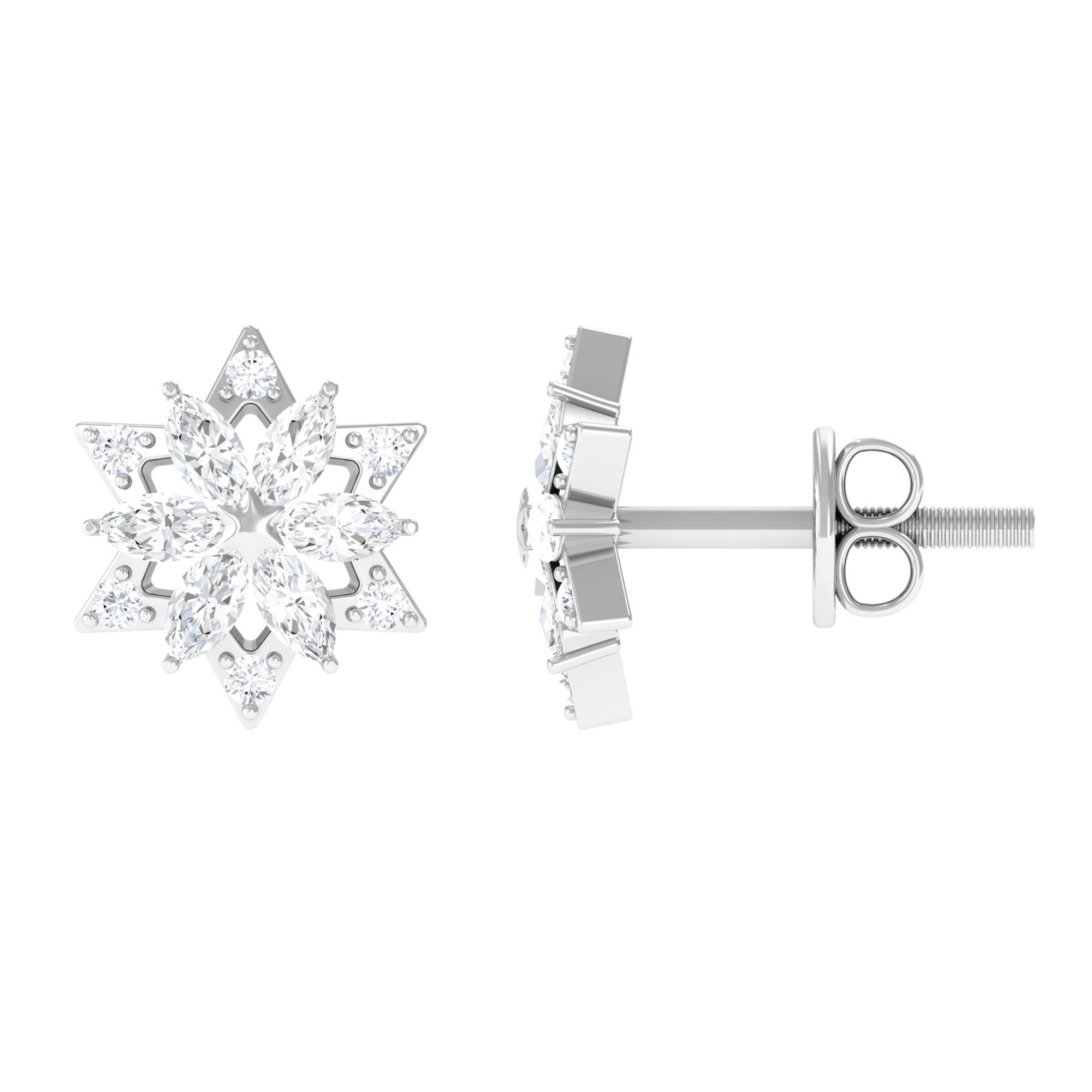 Round Diamond Flower Stud Earrings With Screw Back