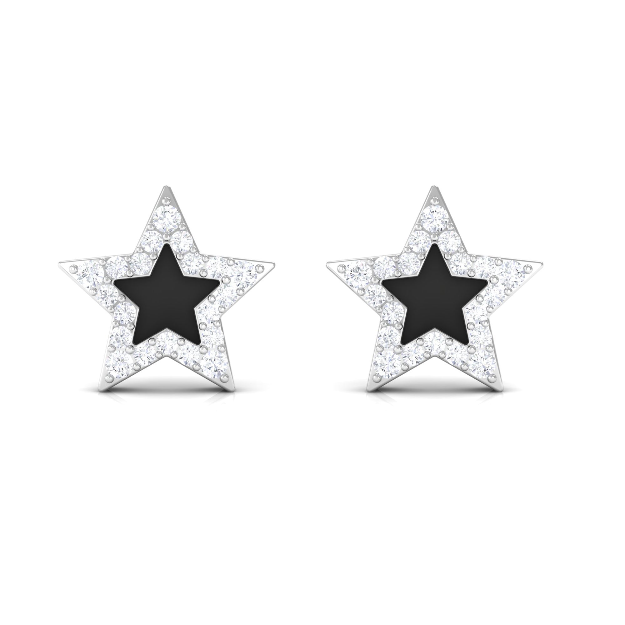 Natural Diamond Star Earrings with Black Enamel