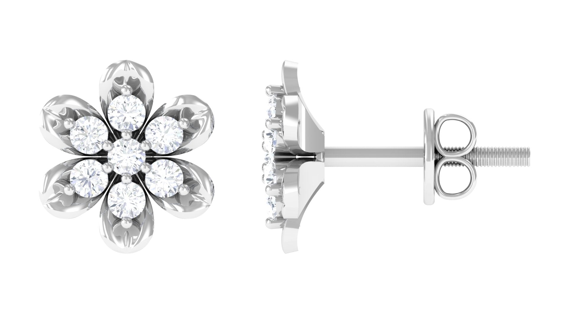 Brilliant Cut Diamond Flower Stud Earrings with Screw Back