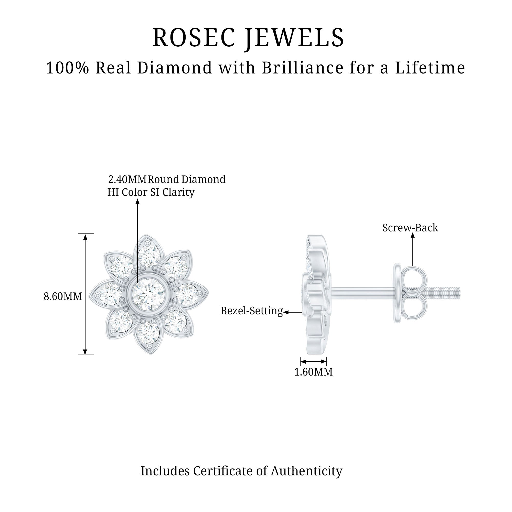 Diamond Flower Stud Earrings With Screw Back
