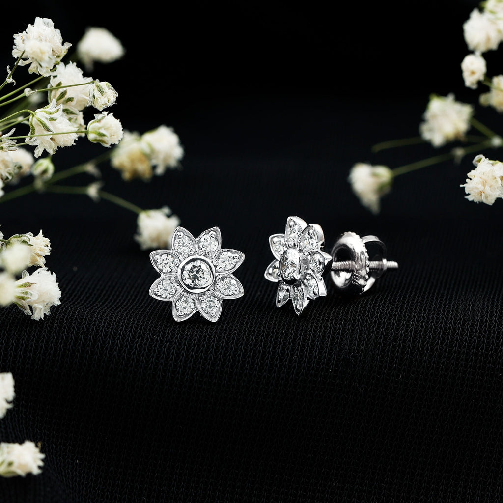 Diamond Flower Stud Earrings With Screw Back