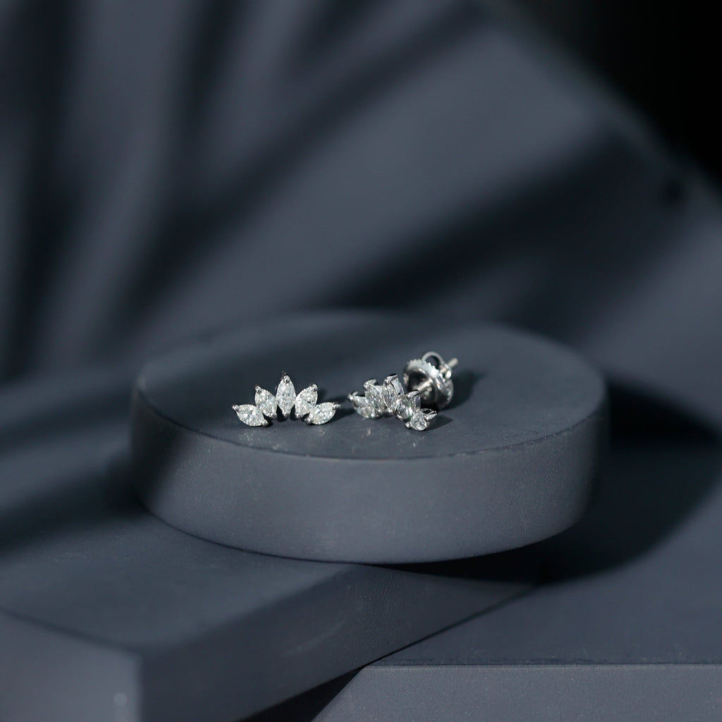 Marquise Cut Diamond Lotus Stud Earrings with Screw Back
