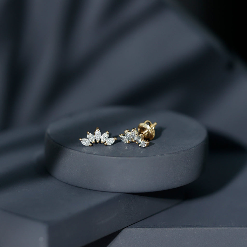 Marquise Cut Diamond Lotus Stud Earrings with Screw Back