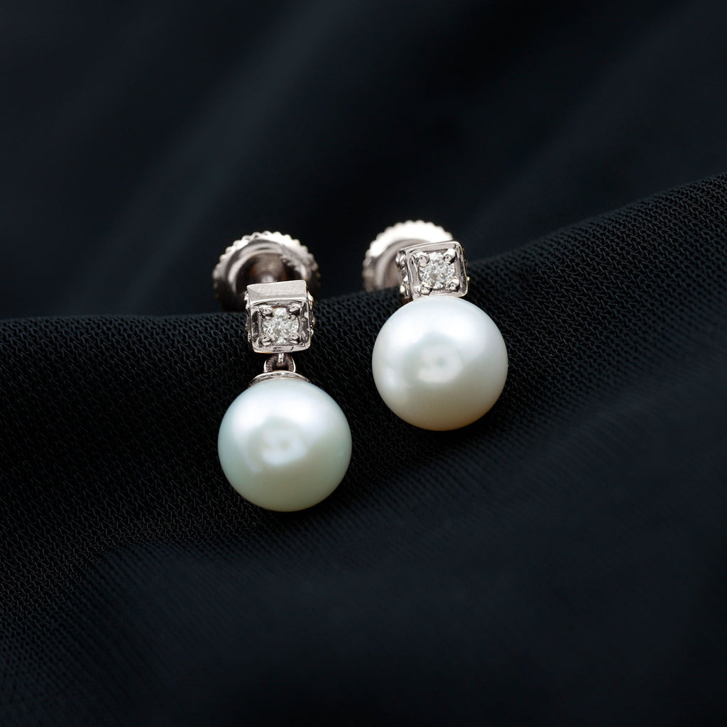 Real Freshwater Pearl and Diamond Drop Earrings