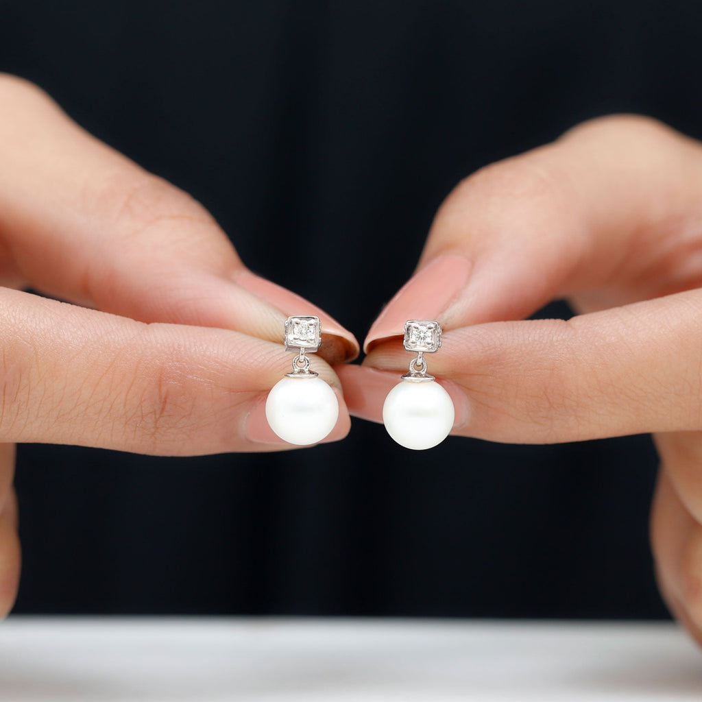 Real Freshwater Pearl and Diamond Drop Earrings