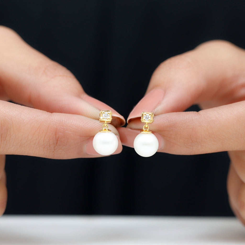 Real Freshwater Pearl and Diamond Drop Earrings