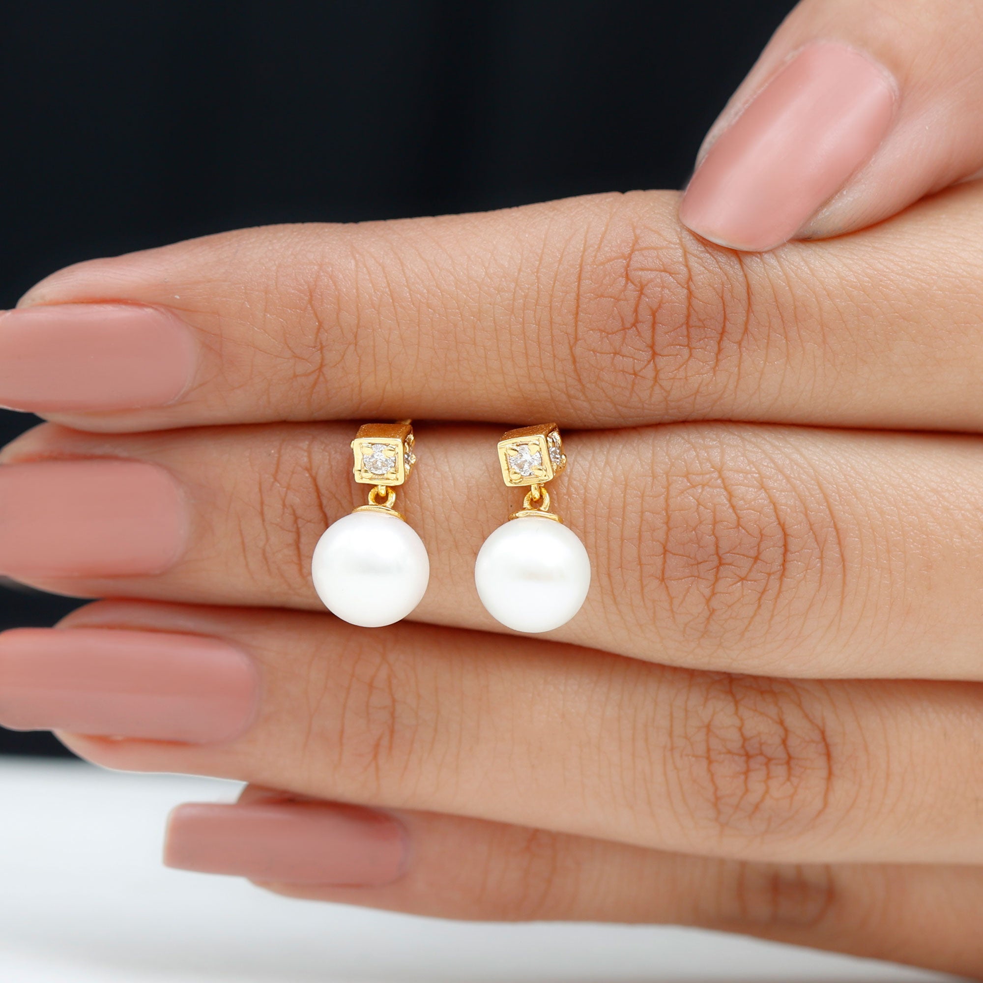 Real Freshwater Pearl and Diamond Drop Earrings