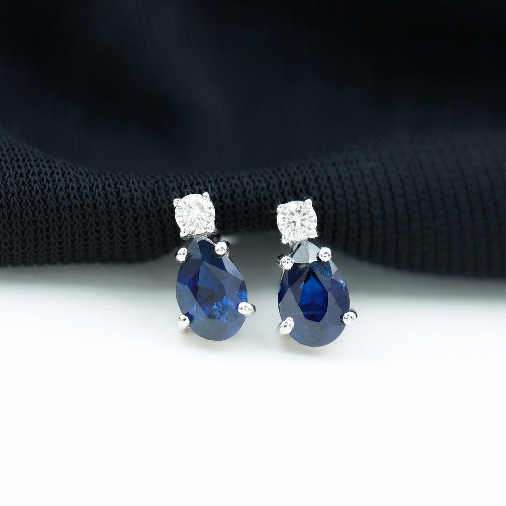 Pear Cut Blue Sapphire Diamond Two Stone Stud Earrings