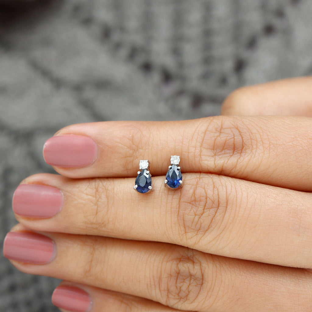 Pear Cut Blue Sapphire Diamond Two Stone Stud Earrings